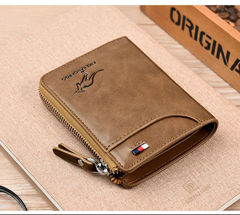Mens RFID Protected Leather Wallet - Luxury Zippered Card Holder Purse for Business Cards with Elegant Carteira Masculina Style