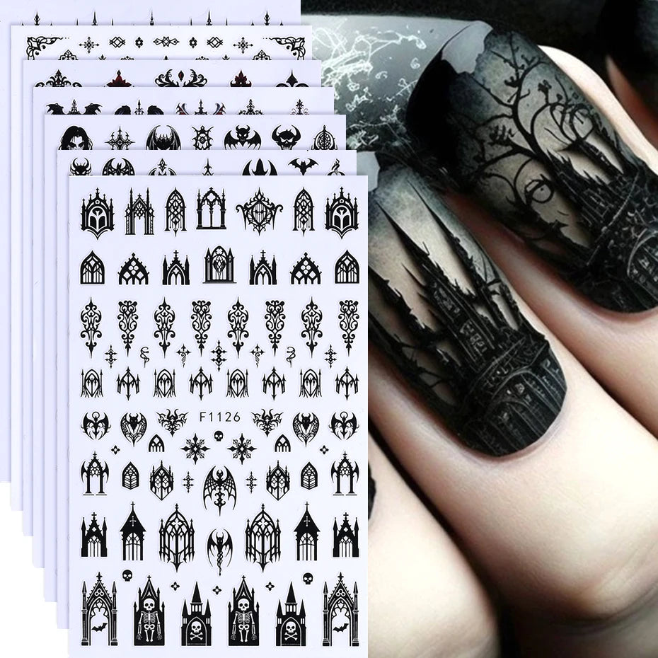 3D Gothic Black Halloween Nail Stickers Cool Design Alphabet Letter Lace Castle Skull Y2K Manicure Decoration Accessories