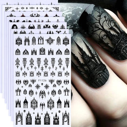 3D Gothic Black Halloween Nail Stickers Cool Design Alphabet Letter Lace Castle Skull Y2K Manicure Decoration Accessories