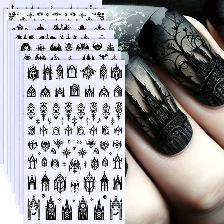 3D Gothic Black Halloween Nail Stickers Cool Design Alphabet Letter Lace Castle Skull Y2K Manicure Decoration Accessories