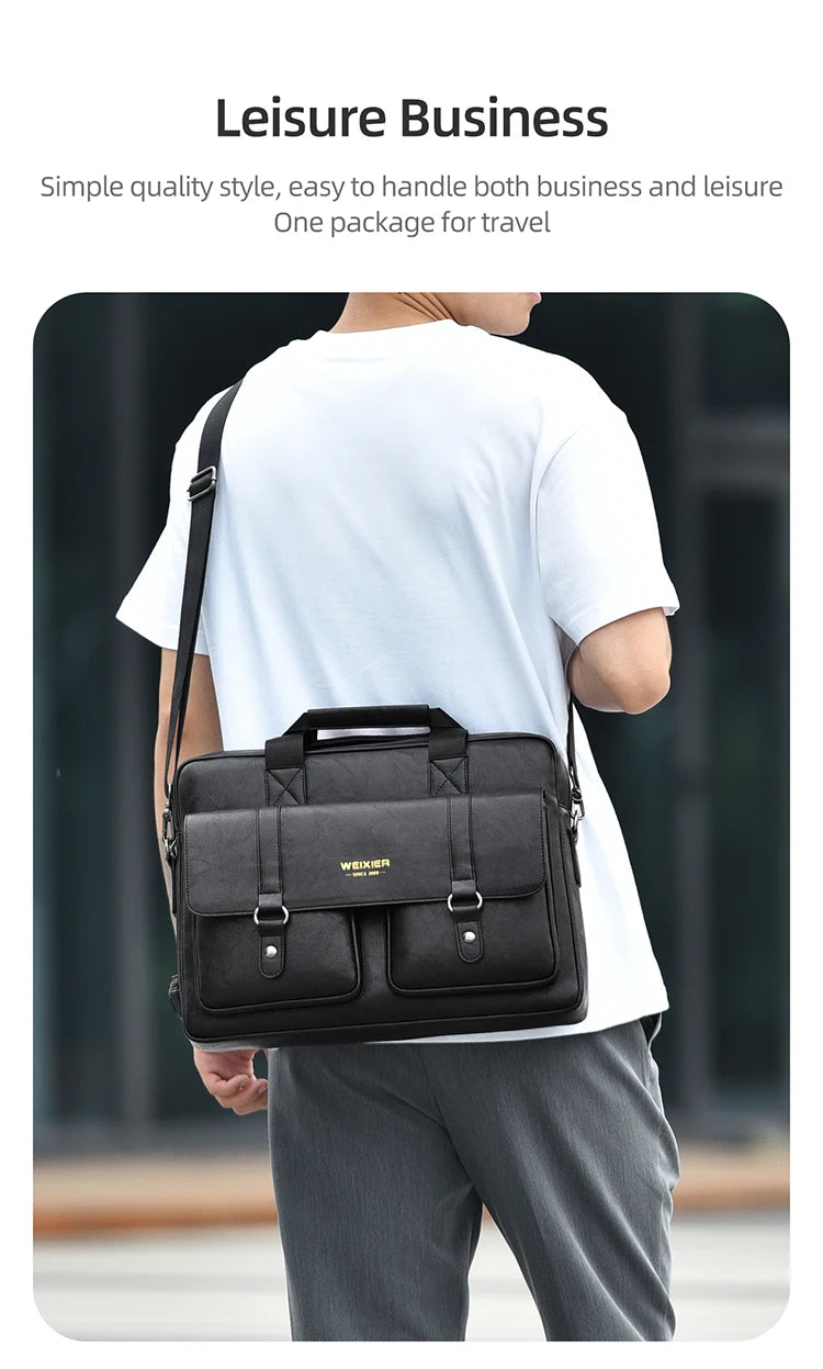 Mens Business Briefcase Large Capacity PU Leather Laptop Bag Fashion Crossbody Shoulder Tote Bag for Work Office