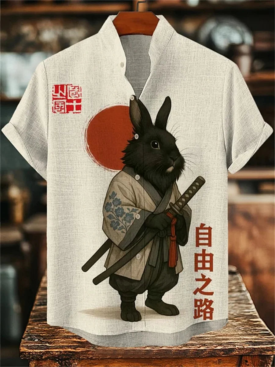 Men's short-sleeved shirt, samurai ink painting print, loose and breathable casual top, trendy retro design Hawaiian shirt.