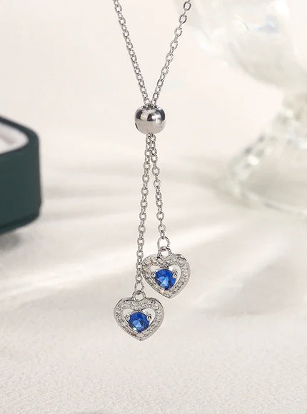 Classic Double Heart Blue Zircon Pendant Necklace - Sparkle
