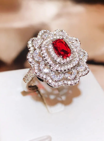 KissIcon Luxury Dark Red CZ Ring For Brides - Floral Design
