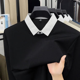 2026 New Men's Fake Two Piece Polo Shirt Casual Fashion Long Sleeve Collar T-shirt Versatile Top