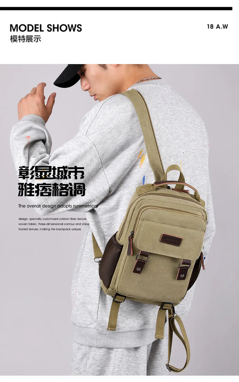 Small Mens Backpack Canvas Casual Backpacks for Men 2025 Mini Male School Bag Rucksack Man Multi-function Crossbody Bag Travel
