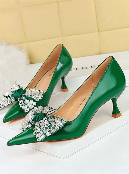 Women Green Pointed Toe Pumps Wedding Middle Low