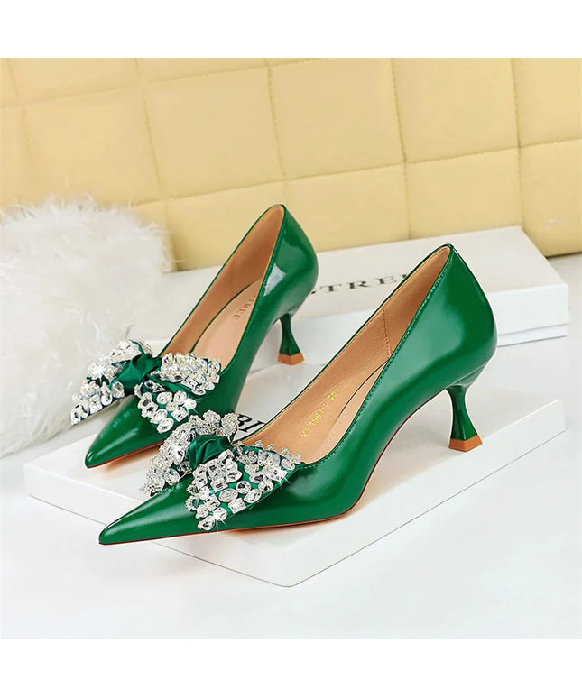 Women Green Pointed Toe Pumps Wedding Middle Low