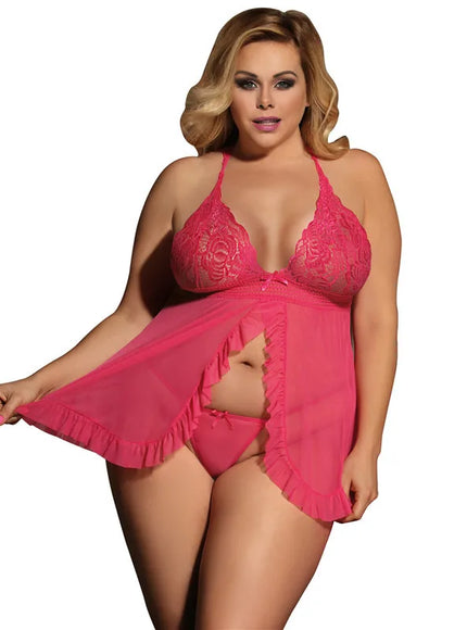 Plus size half tansparent mesh satin women sexy lingerie set nightgown and sleepshirts babydoll chemise with G-String from M-5XL
