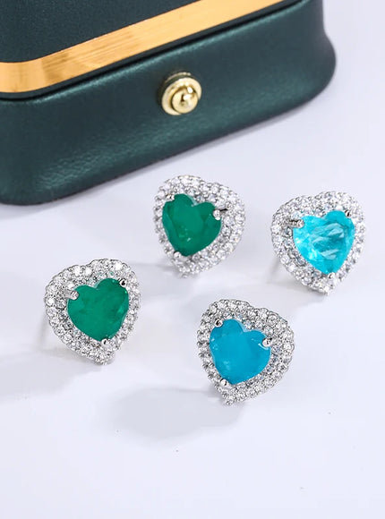 💋 Exquisite 925 Silver Peach Heart Studs - Green Zircon