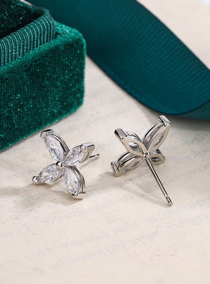 KissIcon Four Leaf Clover Stud Earrings Silver CZ - Luck
