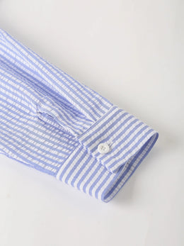 Men's Blue & White Vertical Stripe Seersucker Shirt, Versatile for Summer Casual & Commute