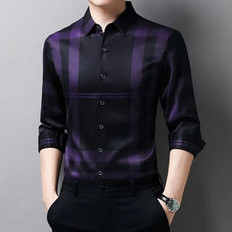 New Men's Casual Printed Long Sleeved Lapel Shirt for Spring and Autumn Fashion Comfortable Wrinkle Free Top Without Ironing
