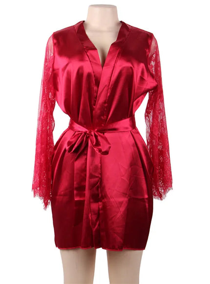 Big Size Women's Faux Silk Robe Set Transparent V Neck Sleepwear Nightgown Plus Size Sexy Babydoll Lingerie with Panties
