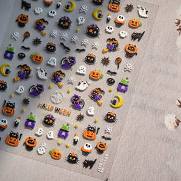 Cute Halloween 5D Nail Art Sticker Ghosts Spooky Spider Webs Evil Pumpkin Faces Festive Balloons Floral Stars Fun Scary Decals