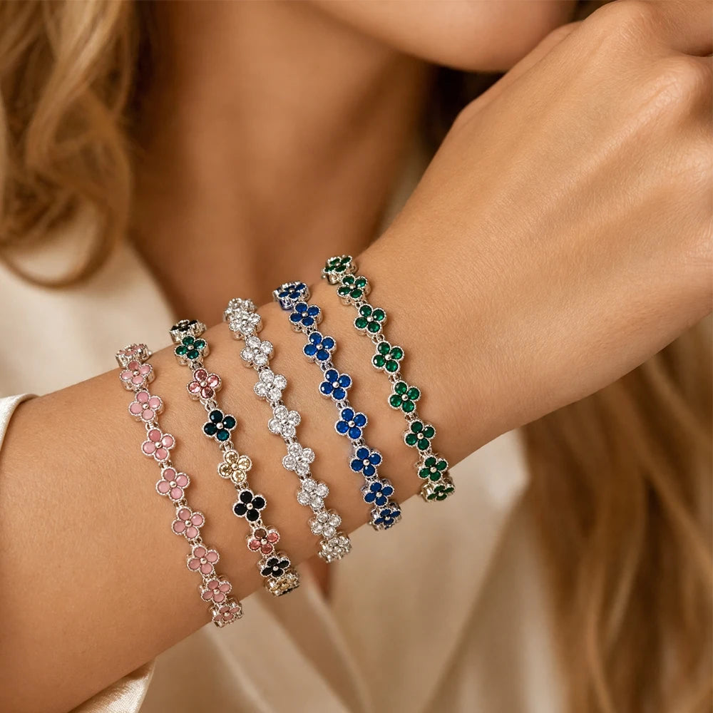 Colorful Zircon Lucky Four-Leaf Flower Bracelet for Women Flower CZ Stone Gold Plated Tennis Bracelet Fragrance Jewelry