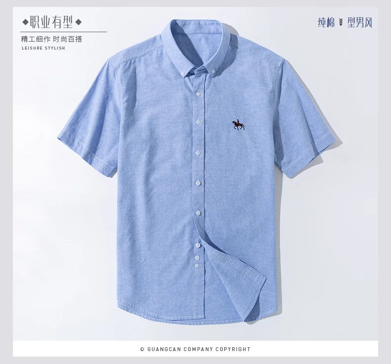 100% Cotton Oxford Shirt Men's Summer short sleeved Sleeve Embroidered Horse Casual Without Pock et Solid Shirt Plus Size S-6XL