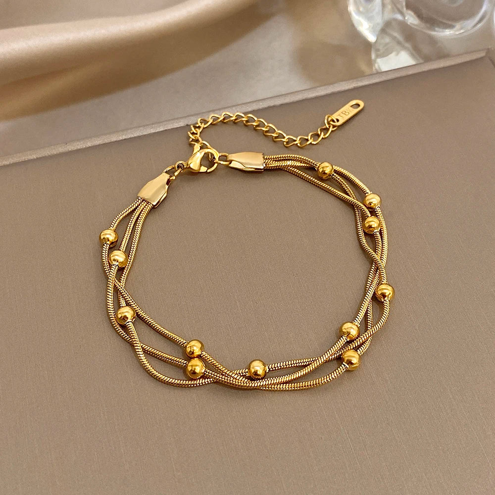 Stylish Gold Silver Color Stainless Steel Adjustable Bracelet for Women Elegant Multilayer Wrap Beaded Bracelets Party Jewelry