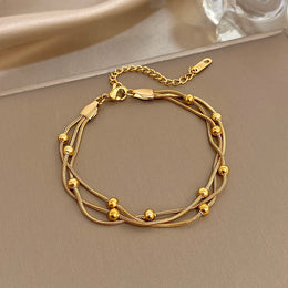 Stylish Gold Silver Color Stainless Steel Adjustable Bracelet for Women Elegant Multilayer Wrap Beaded Bracelets Party Jewelry