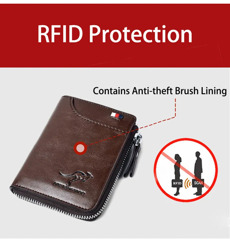 Mens RFID Protected Leather Wallet - Luxury Zippered Card Holder Purse for Business Cards with Elegant Carteira Masculina Style