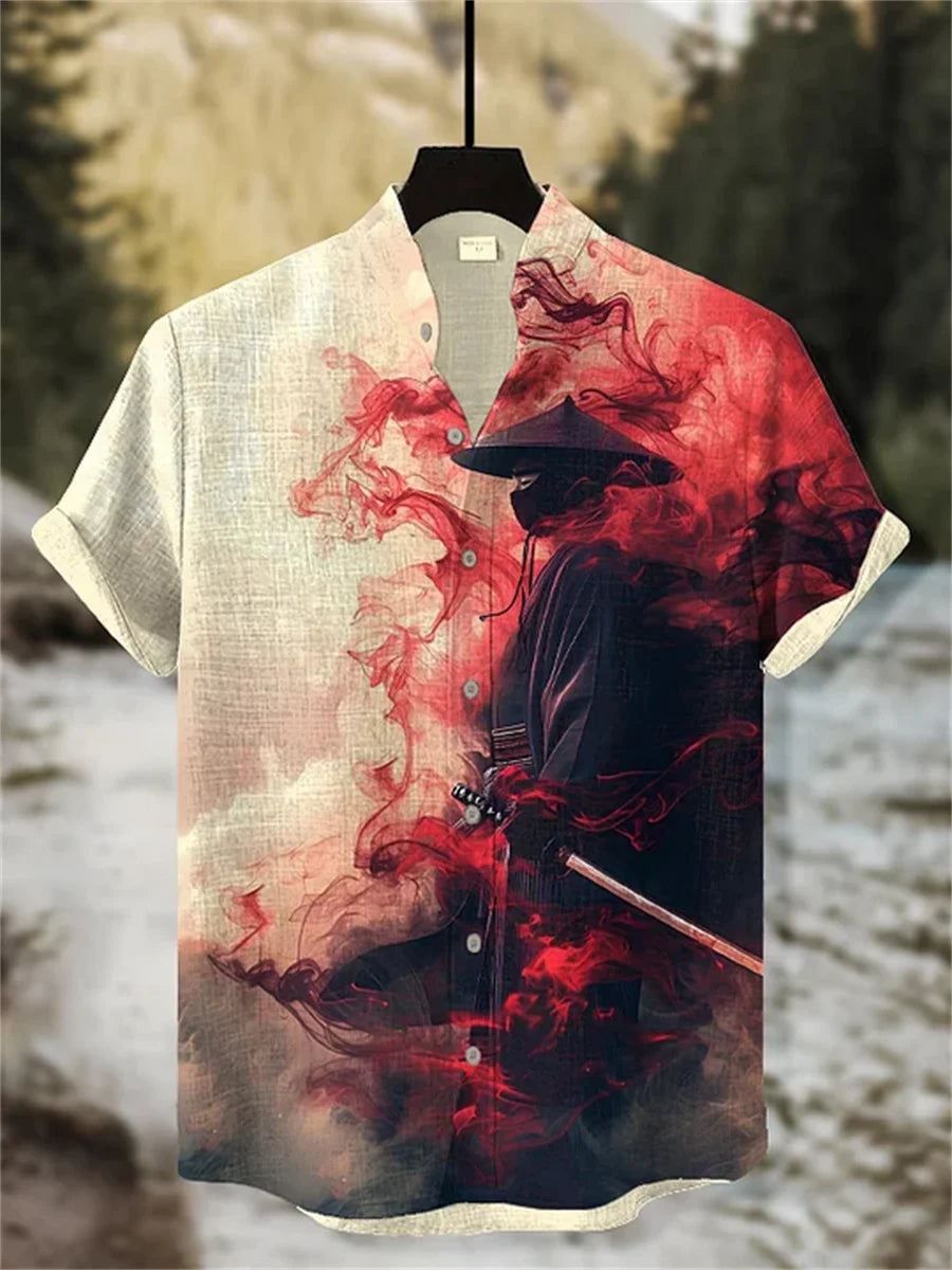 Men's short-sleeved shirt, samurai ink painting print, loose and breathable casual top, trendy retro design Hawaiian shirt.