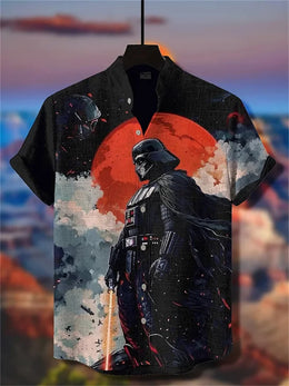 Men's short-sleeved shirt, samurai ink painting print, loose and breathable casual top, trendy retro design Hawaiian shirt.