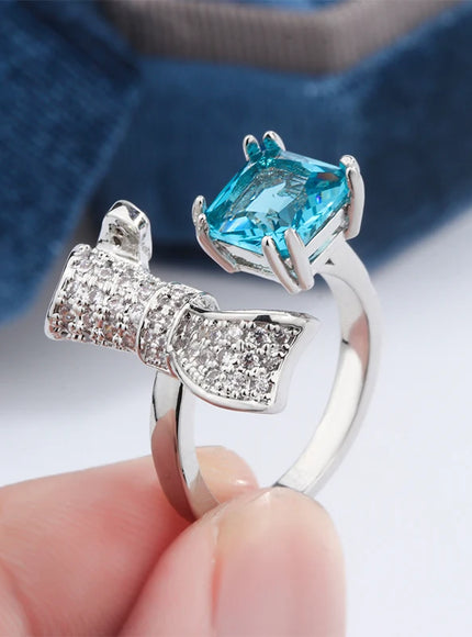 Sweet Wind Girl Sense Water Drop Bow Ring Light Luxury Design Opening Adjustable Blue Sugar Diamond S925 Couples for Women