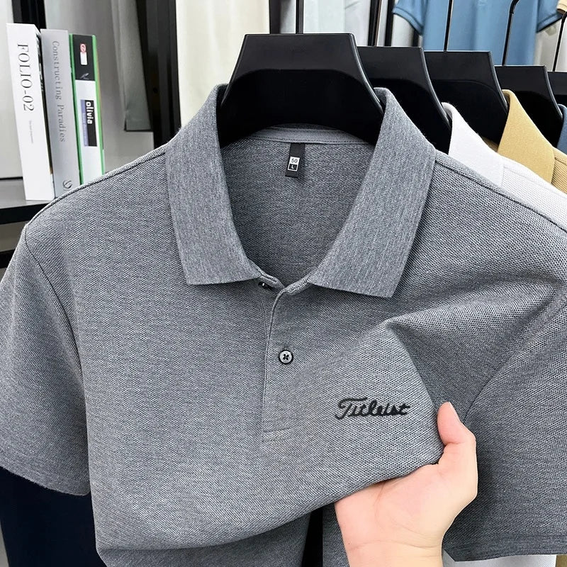 Men's Summer New Cotton 100% Short-Sleeved Polo Shirt, Collar Brand Printed T-Shirt, Breathable Casual Business Men's Clothing