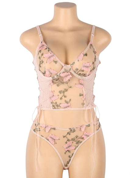 Plus Size Romantic Butterfly Women Bra and Panties Erotic Embroidery Underwear Set Erotic Sexy Lingerie Set
