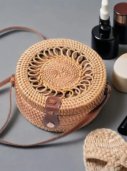 Hand-woven Straw Rattan Small Round Shoulder Crossbody