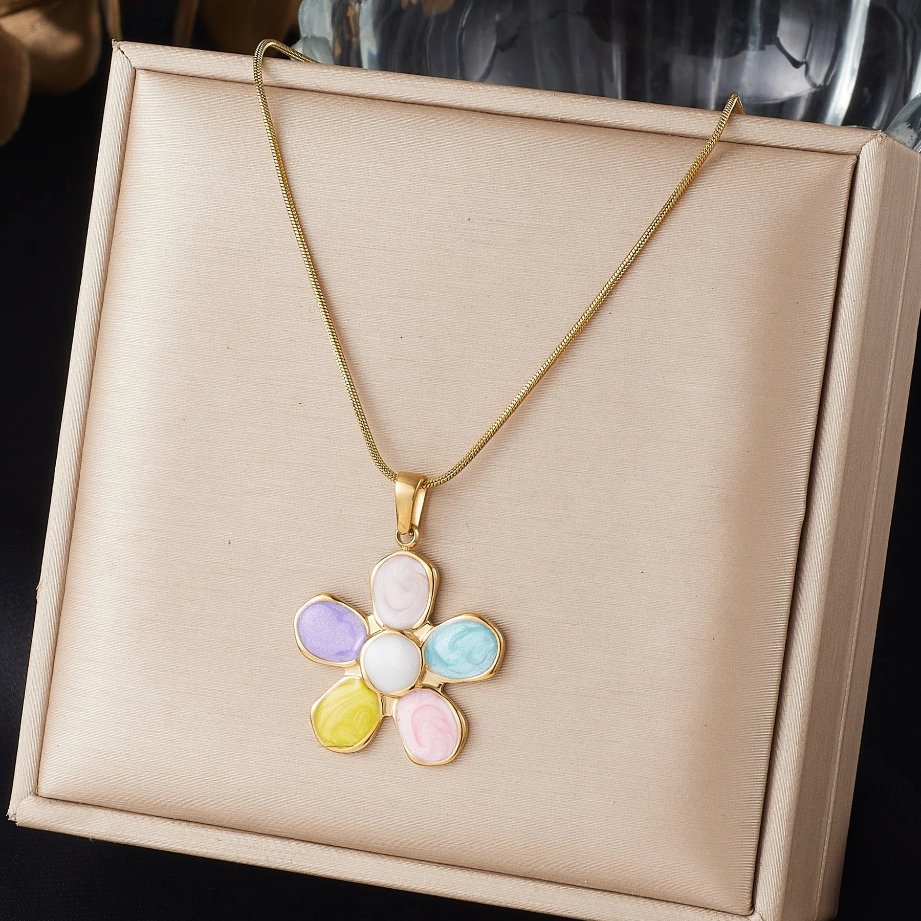 DIEYURO Multicolor Pastel Enamel Heart Cross Sun Floral Pendant Necklace Collection Lady Stainless Steel Waterproof Jewelry Gift