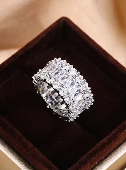 KissIcon S925 Silver Plated Colorful Big Band Ring - Zircon
