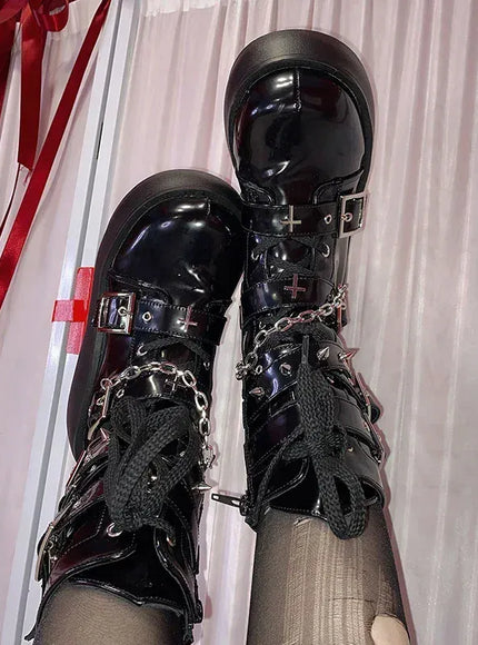Metal Chain Patent Leather Ankle Boots Women Designer