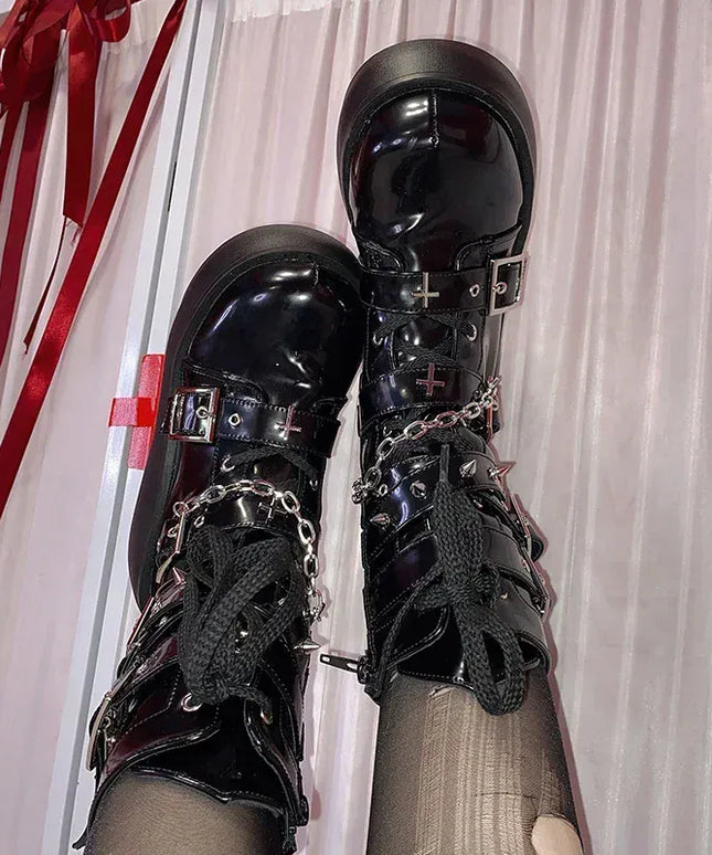 Metal Chain Patent Leather Ankle Boots Women Designer