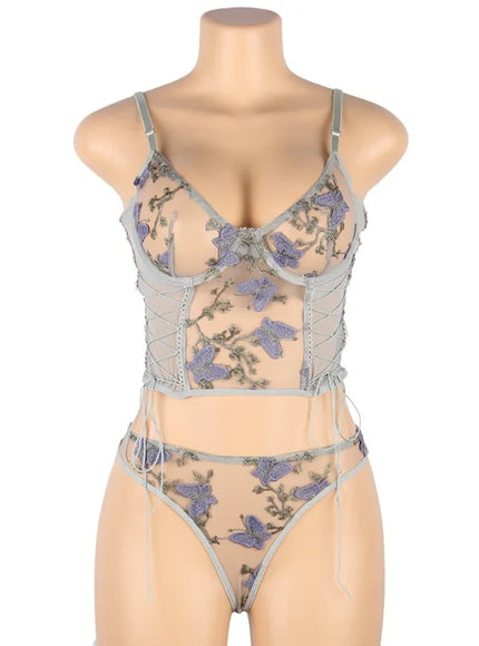 Plus Size Romantic Butterfly Women Bra and Panties Erotic Embroidery Underwear Set Erotic Sexy Lingerie Set