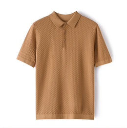 Business High-End Quality Men's Silk Pullover Short Sleeved POLO Neck Solid Color Breathable T-Shirt Knit Bottom Top 2023 Summer