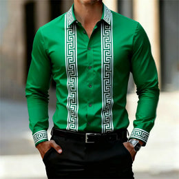 Men's Retro Geometric Print Shirt, Stylish Long-Sleeve Black Shirt, Business Casual Men's Top, Multiple Colors Available, XS-6XL