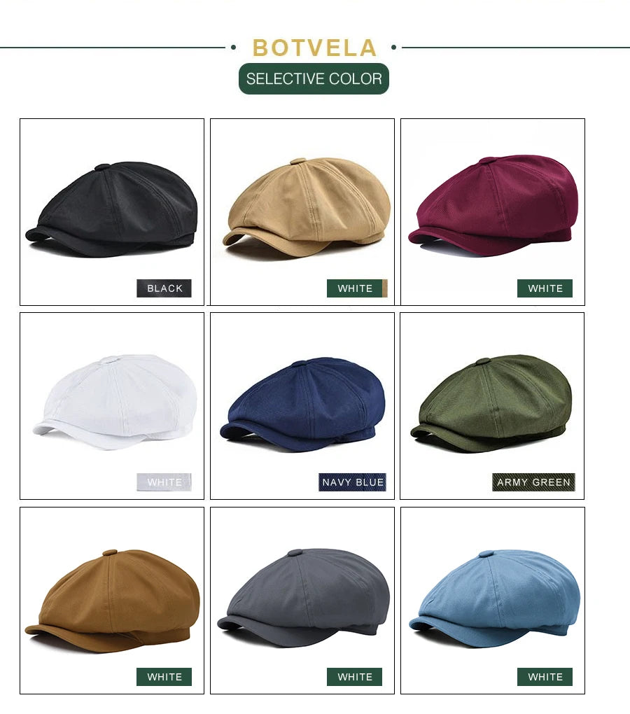 BOTVELA Men's Newsboy Cap Twill Cotton 8 Panel Hat Flat Ivy Cabbie Casual Baker Caps Gatsby Hat Retro Hats Boina Beret for Male