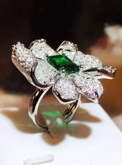 KissIcon Luxury 925 Silver Ring Flower Jewelry Green Zircon