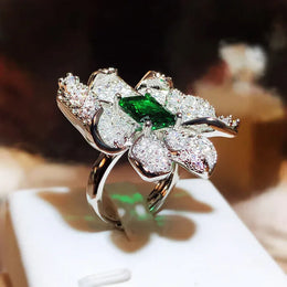Dropshipman resizable KissIcon Luxury 925 Silver Ring Flower Jewelry Green Zircon