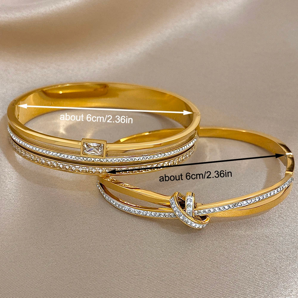 Luxury Stainless Steel Cuff Bracelet Bangle Set for Women Men Gold Plated Bracelets Inlaid White Rhinestone Wide Bangles Gift