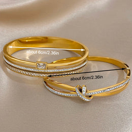 Luxury Stainless Steel Cuff Bracelet Bangle Set for Women Men Gold Plated Bracelets Inlaid White Rhinestone Wide Bangles Gift