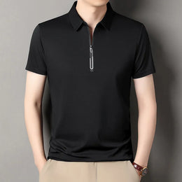 New Men's Business Casual Zipper Short Sleeve Solid Color Polo Shirt Fashionable Warm Comfortable Four Seasons Versatile Top