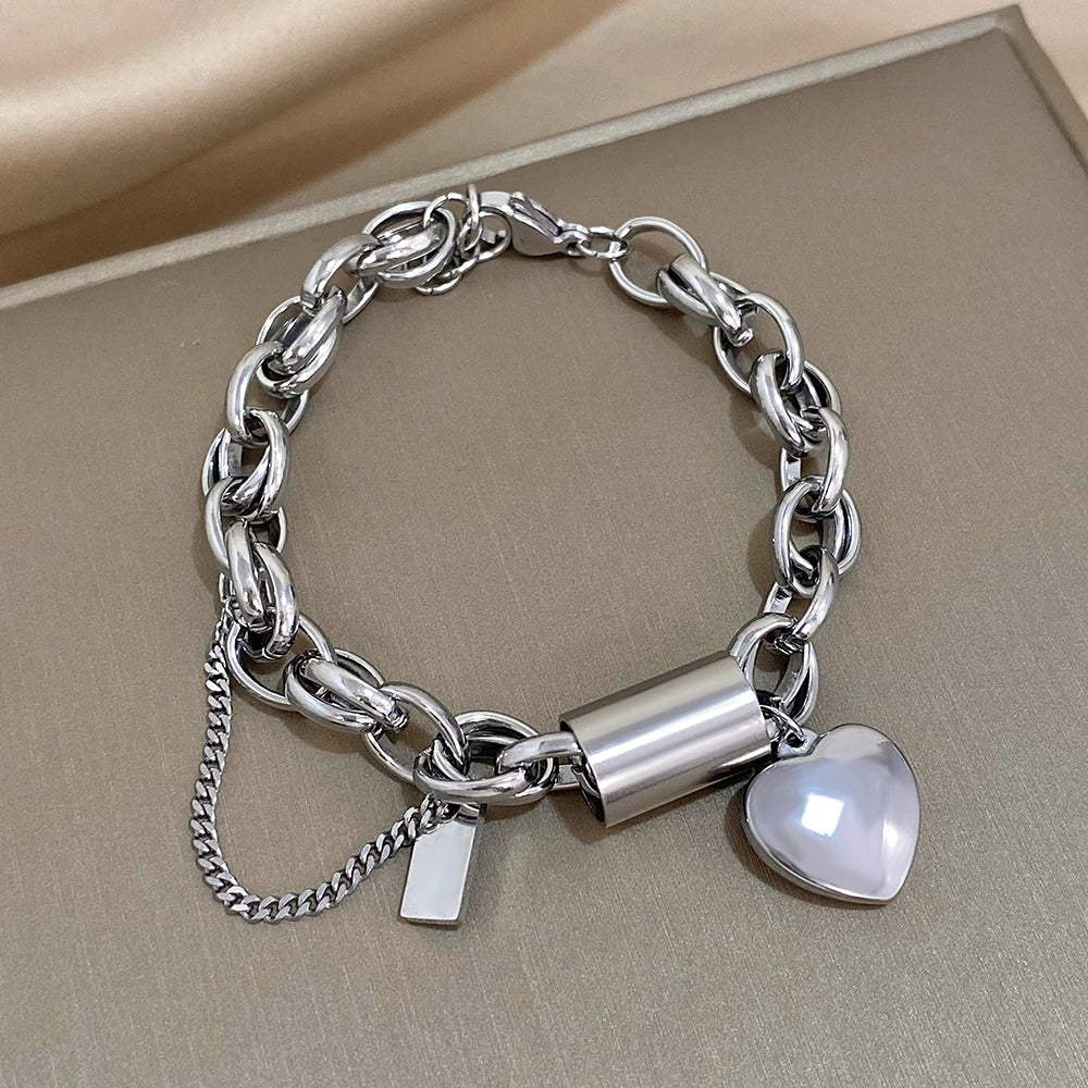 Heart Lock Stainless Steel Charm Bracelet Chunky Gold Plated Chain Love Bracelets for Women Valentine Gift