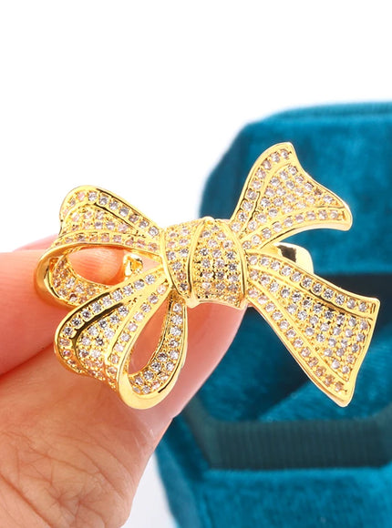 Yellow Gold Diamond Bow Ring 925 Silver Delicate Luxury Gift
