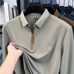 Men's Cotton Long Sleeved T-shirt with Collar Polo Shirt High-end Embroidered Top Autumn Loose Base Shirt