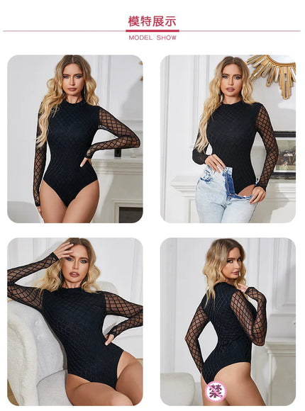 Plsu Size Woman Jumpsuit Plump Oversized Bodysuit Pajama Lady Black HighNeck Leotard Lingerie Long Sleeve Teddy