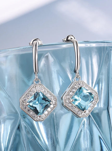 High Quality 925 Silver Plated Earrings for Womes Children Exquisite Square Geometric Jewelry Brilliant Blue Zircon Earring