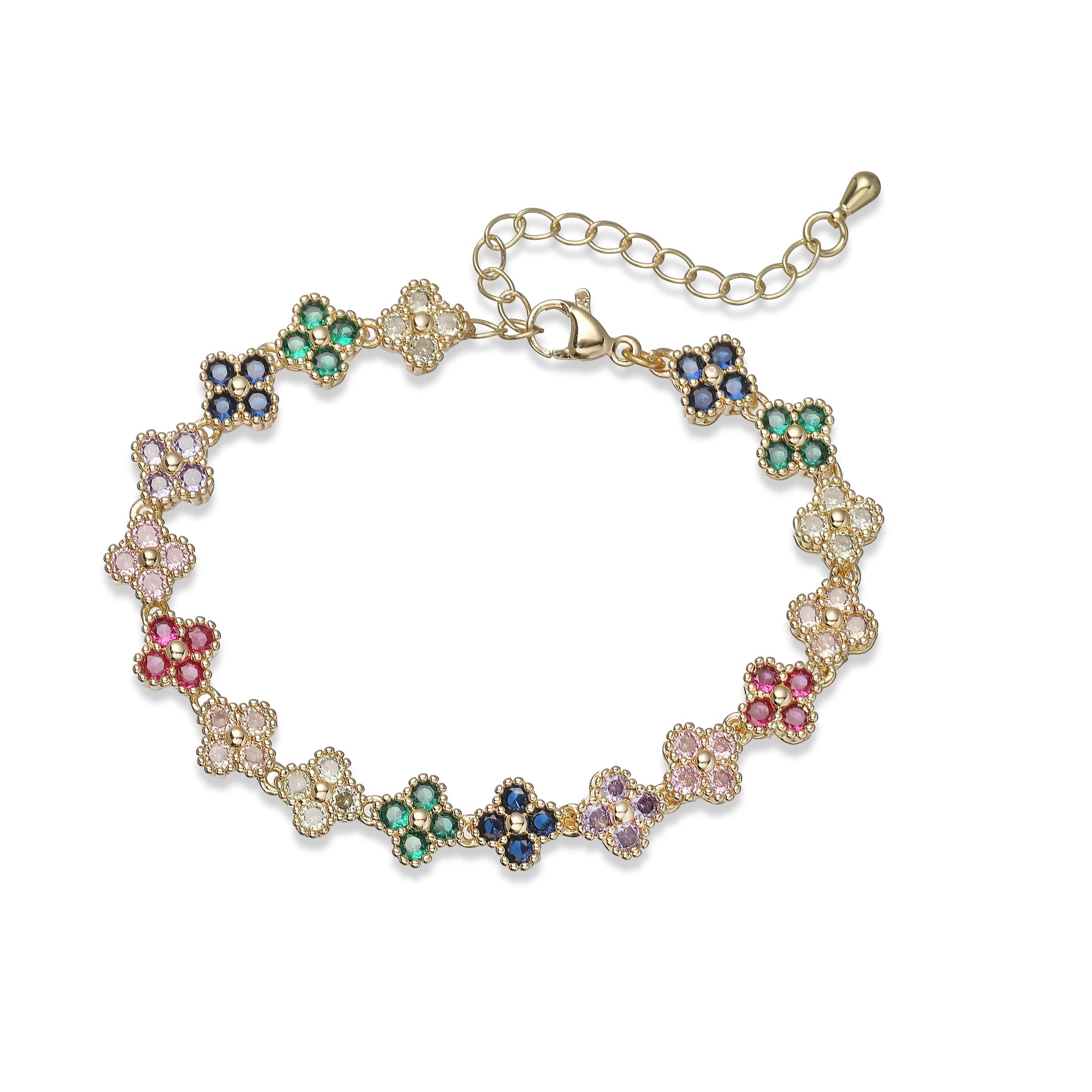HECHENG, Bijoux Colorful Flower CZ Stone Brass Metal Bracelet/Necklace,Lobster Clasp, Adjustable, Minimalist Romantic Jewelry