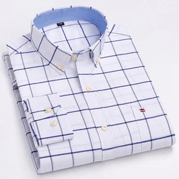 Men's 100% Cotton Smart Casual Shirt Long Sleeve Plaid Oxford Casual Solid Color Print Regular Fit Dress Shirt Oversized  6XL